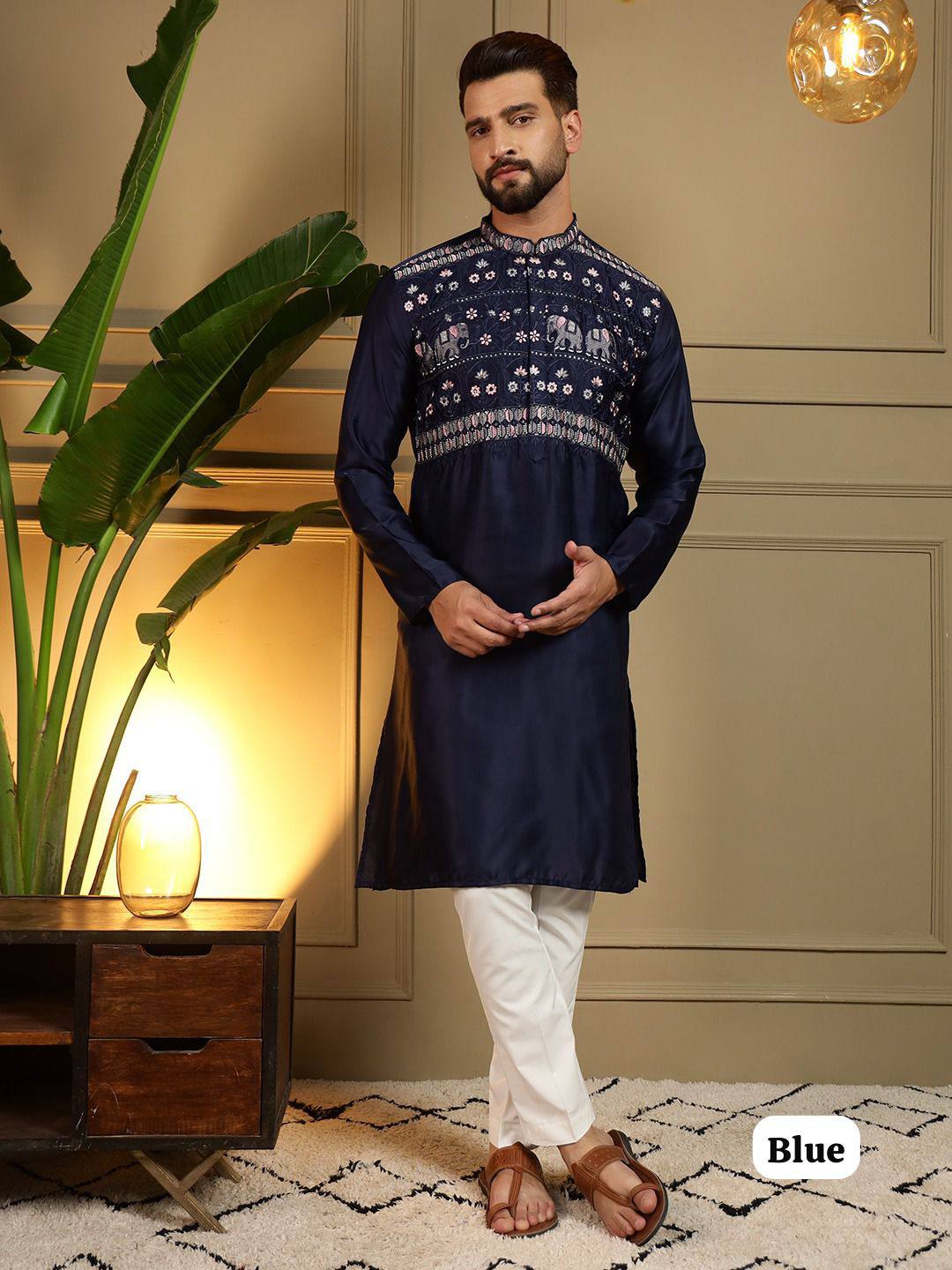 Men's Kurta Set with Elephant Motif & Floral Embroidery