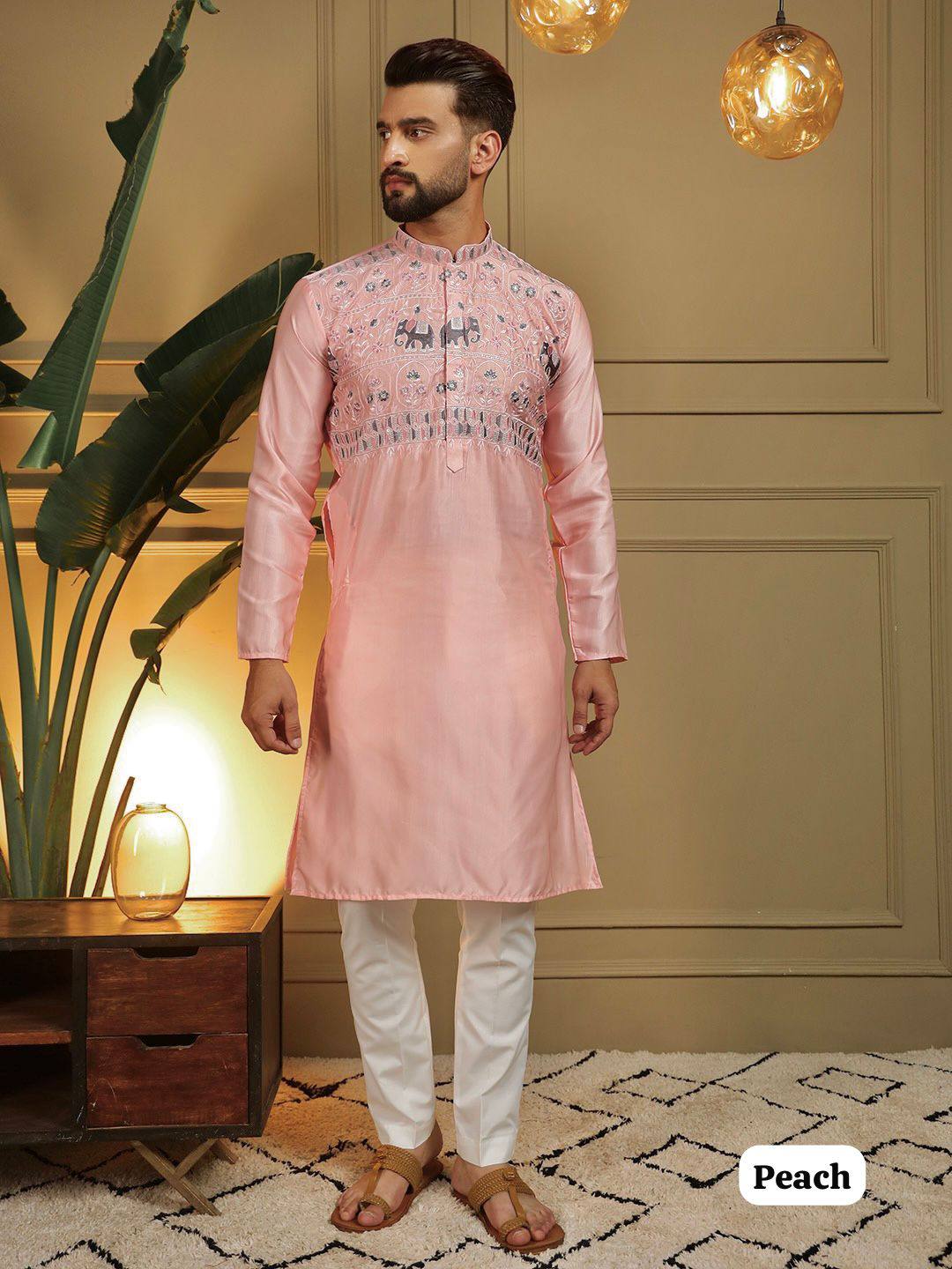 Men's Kurta Set with Elephant Motif & Floral Embroidery