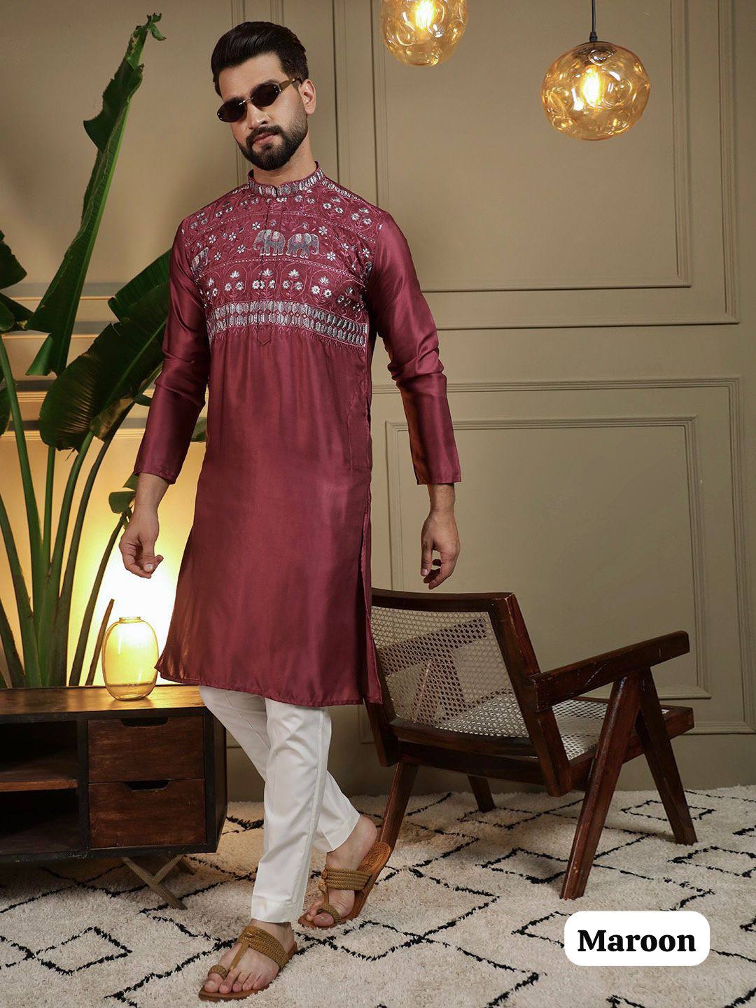 Men's Kurta Set with Elephant Motif & Floral Embroidery
