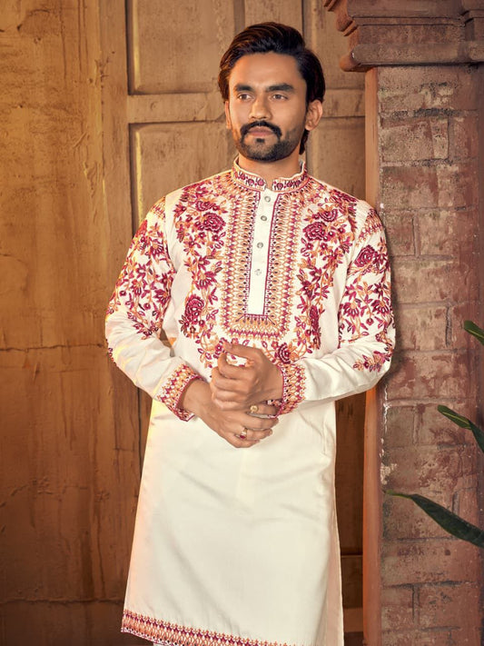 Virasat Men Off-White Kurta set with Floral Embroidery