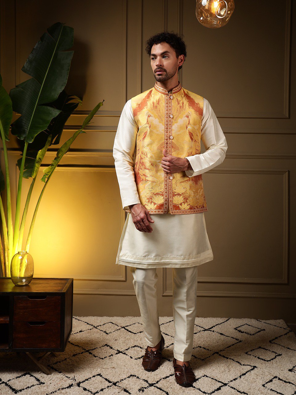 Men's 3-Piece Yellow Nehru Jacket Set for Weddings