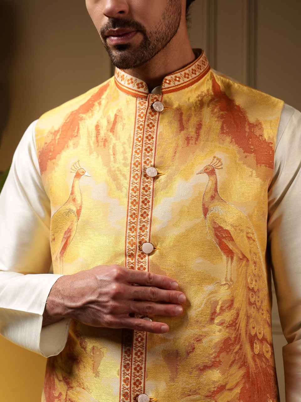 Men's 3-Piece Yellow Nehru Jacket Set for Weddings