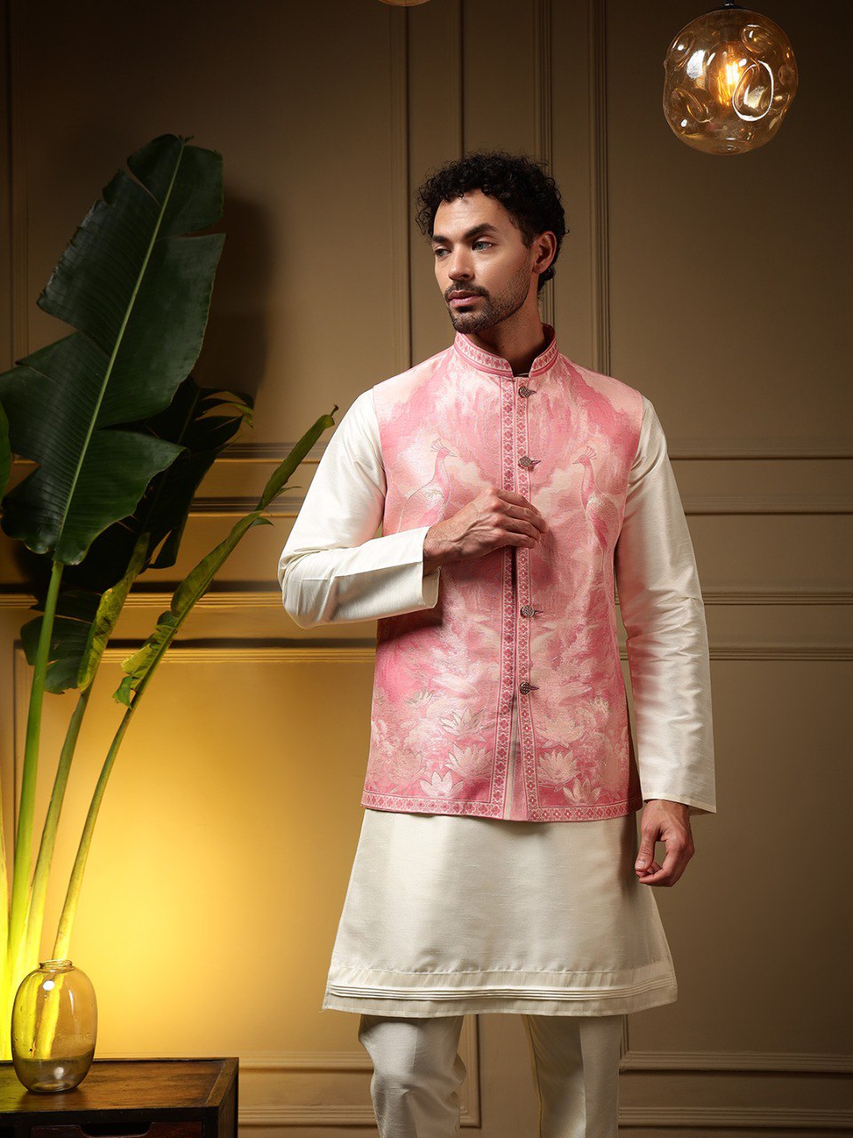 Men's 3-Piece Pink Nehru Jacket Set for Weddings