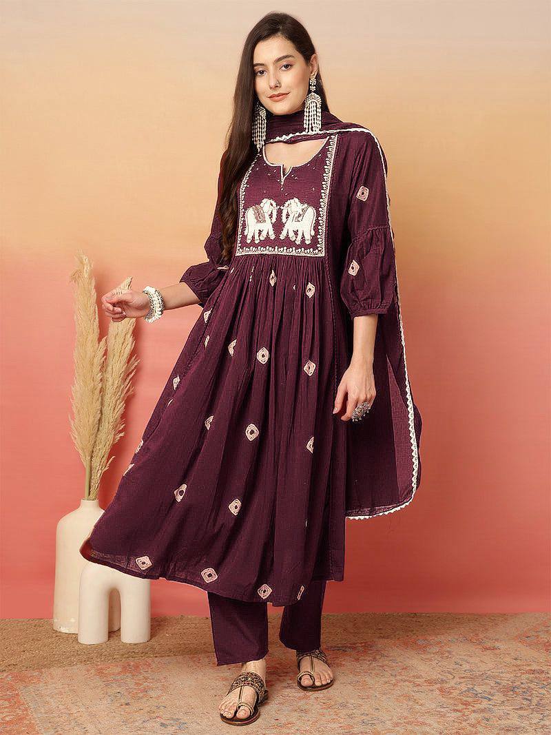 women purple vichitra silk kurti set with duppata and pants